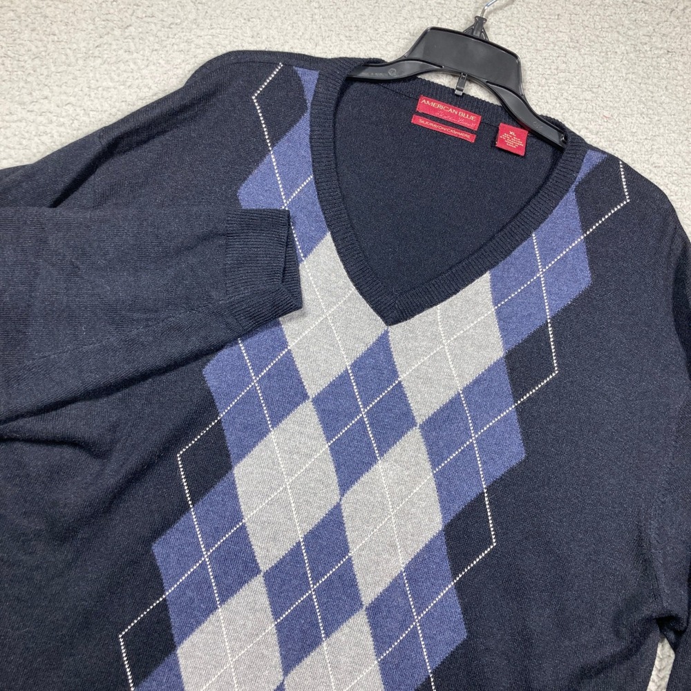 American Blue Sweater Men XL Navy Argyle Silk Rayon Cashmere V-Neck Quiet Luxury